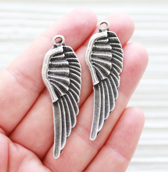 2pc angel wings necklace dangles, silver fairy wings, wing pendant, earrings charms antique silver, wing charms