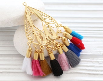 Matte gold filigree pendant with multicolor mini tassels, earring dangle, tribal tassel pendant, filigree findings, dangle pendant, filigree