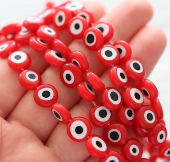 15", 36pc, 10mm red evil eye beads, red bracelet beads, flat glass beads, necklace beads, earrings beads, round glass beads, DIY, EE10