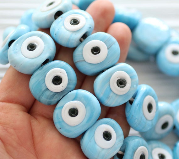 4pc blue evil eye beads, large flat glass beads, lamp work beads, turquoise blue evil eye, organic shaped evil eye beads,DIY decorative bead