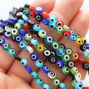 15", 65pc, 6mm evil eye beads, assorted mix color flat glass beads, lamp work beads, round evil eye, lucky evil eye bracelet beads, DIY, EE6