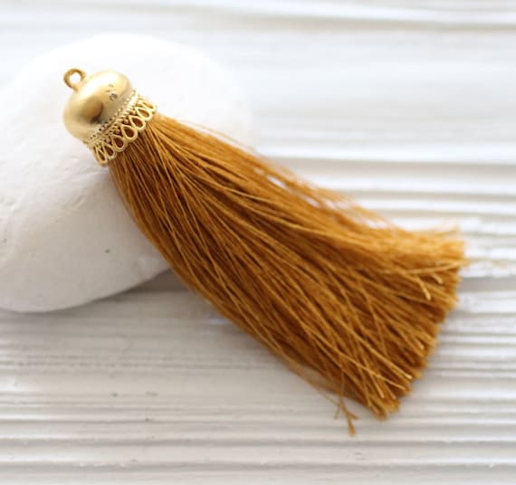 Golden yellow silk tassel with gold tassel cap, mustard silk tassel, thick silk tassel, yellow tassel,silk necklace tassel pendant, N29