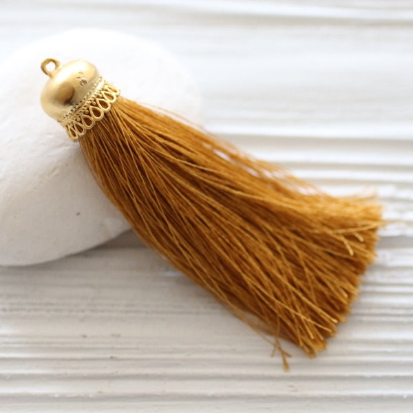 Golden yellow silk tassel with gold tassel cap, mustard silk tassel, thick silk tassel, yellow tassel,silk necklace tassel pendant, N29