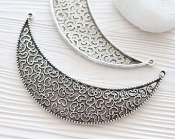 Filigree focal collar silver, pendant connector, metal collar, large silver crescent, filigree crescent moon pendant, hammered collar