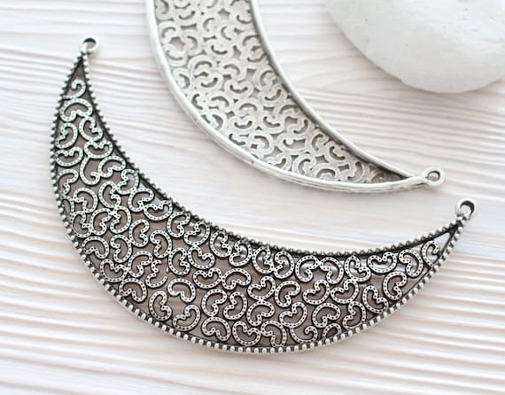 Filigree focal collar silver, pendant connector, metal collar, large silver crescent, filigree crescent moon pendant, hammered collar