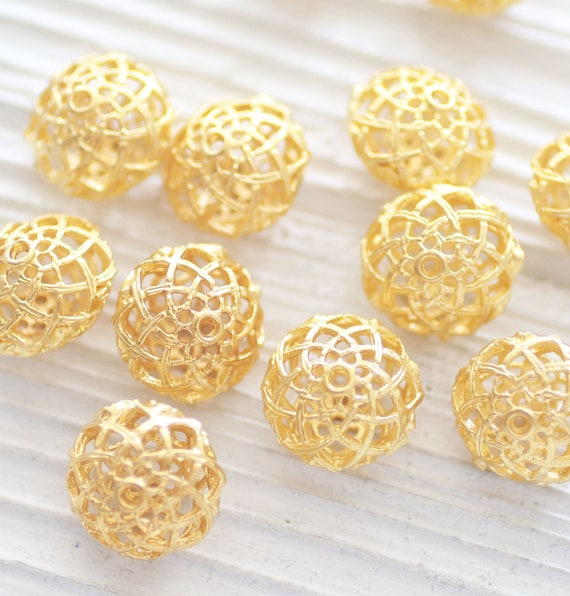 3pc filigree beads, bicone gold beads, rondelle beads, necklace beads, matte gold beads, earrings beads, large metal beads, spacer beads,B3