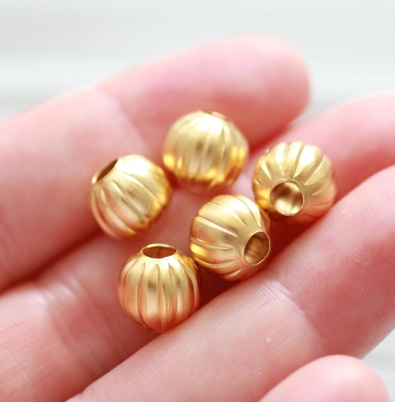 5pc rondelle gold beads, 10mm round metal beads, textured beads, bracelet beads, large hole beads, necklace beads, ball beads, matte gold