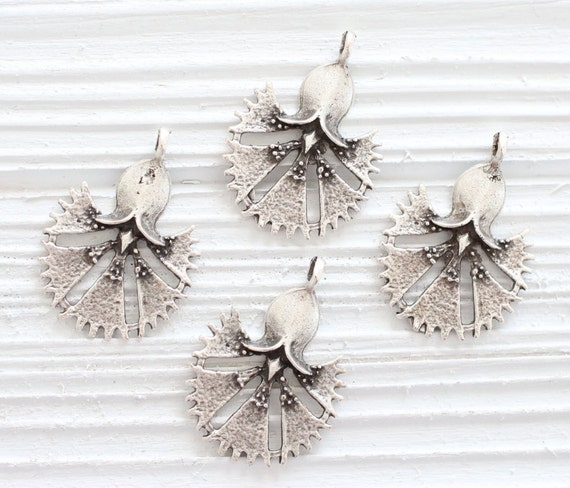 4pc flower charm silver, leaf earrings charms, large silver charms, leaf pendant, tribal pendant, earrings dangle,silver findings hand fan L