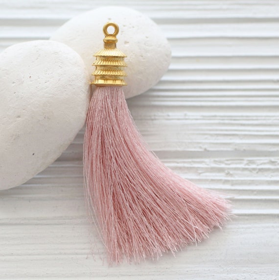 Gold cap pink silk tassel, necklace tassel pendant, gold tassel cap, baby pink tassel, jewelry tassels, long silk tassel, thick tassels, N35