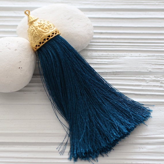 Extra large denim blue silk tassel, tassel with rustic gold cap, silk tassel, tassel pendant, navy tassel, tassels, necklace tassel, N54