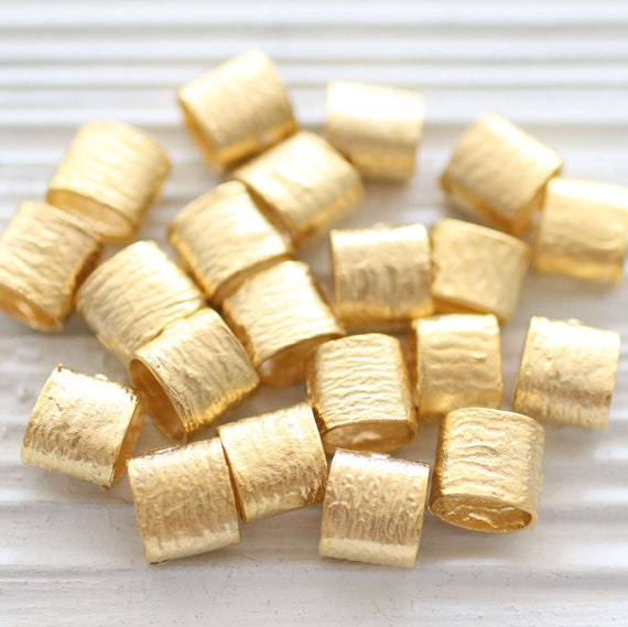 10pc gold barrel beads, bracelet beads, spacer slider beads, textured beads, hammered tube beads, large hole beads,rondelle necklace beads,L