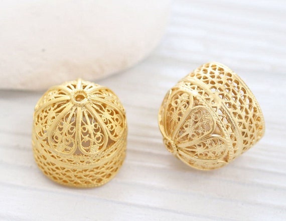 2pc large gold filigree tassel cap, matte gold bead caps, bead cones, end caps, gold cones, ornate tassel cap, gold end cap