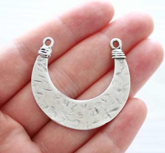 Hammered crescent pendant, tribal crescent, focal silver collar pendant, silver crescent moon connector, crescent, bar connector pendant