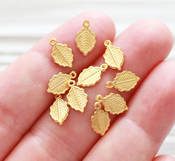 10pc gold leaf charms, earring charms, gold leaf, mini charms, necklace charms gold, bracelet charms, mini leaf pendant, matte gold findings