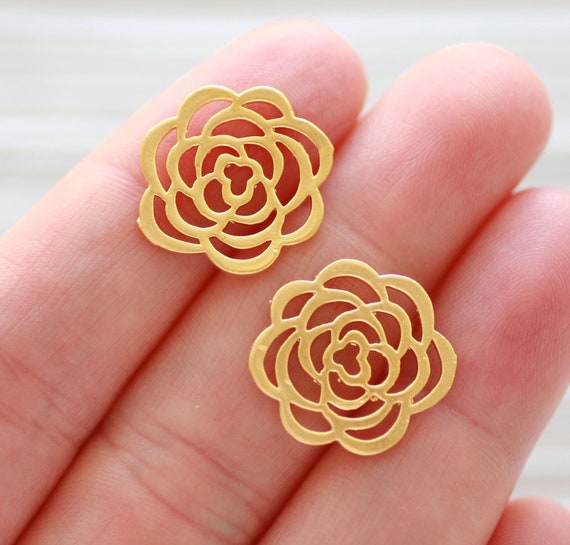 2pc rose charms gold, floral charms, filigree flower pendant, rose earrings dangle, daisy charms, flower charms gold, dainty flower charms