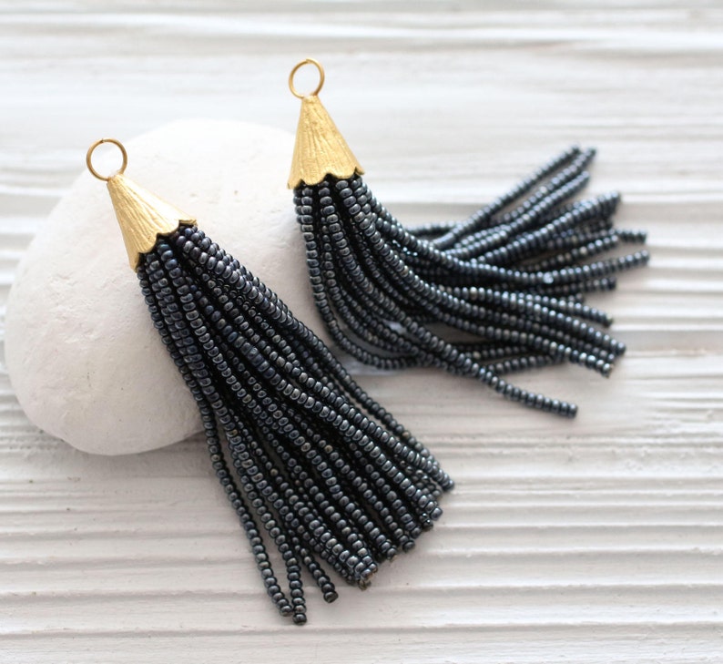 Dark gray glittery beaded tassel, short tassel, earrings tassel, grey, bead tassel, gold cap tassel, necklace tassel, decorative, smoke, N22 zdjęcie 1