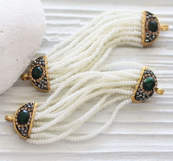 Gemstone connector, pave connector with emerald gemstone, beaded pendant connector with pave bars, wedding bracelet necklace earrings dangle