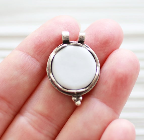 Silver bezel round pendant with white glass center piece, double loop unique silver focal piece