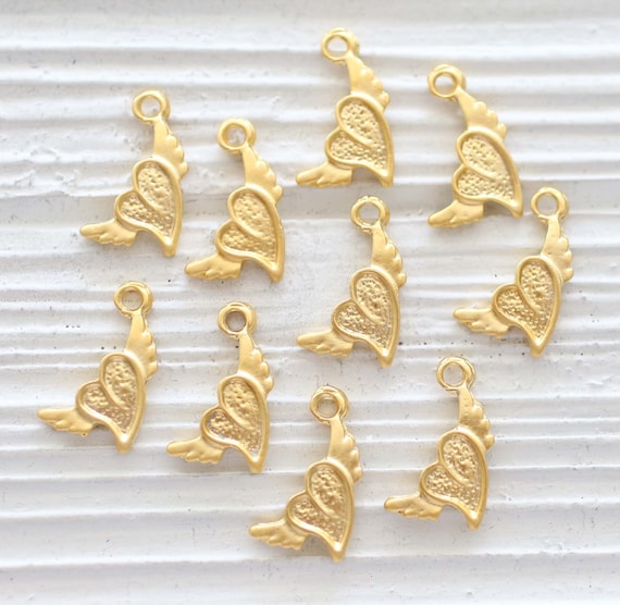 10pc heart charm with wings, necklace charms gold, heart charms for bracelet, mini heart pendant, heart dangle, earrings charms beads