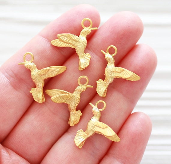 2pc bird charms with open wings, flying bird earring charms, large hole bird pendant, unique jewelry findings, gold, animal charms