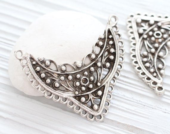 Tribal crescent pendant, multi strand connector, focal pendant, metal collar pendant, large silver crescent, rustic, flower bar connector