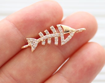 Fish charm, pave charms, fish skeleton connector, pave beads, rhinestone cz charms, earring charm, bracelet connector, sea animal charm