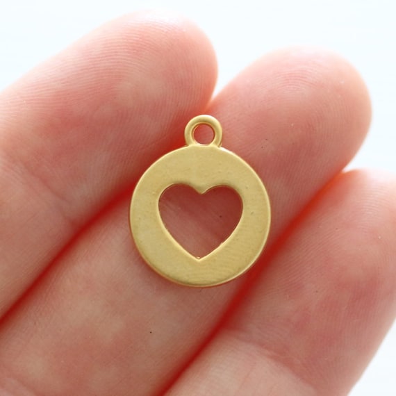 5pc cut out heart gold charm, gold earrings dangle, gold disc charms, round gold metal beads, bracelet charm, earrings charms, heart pendant