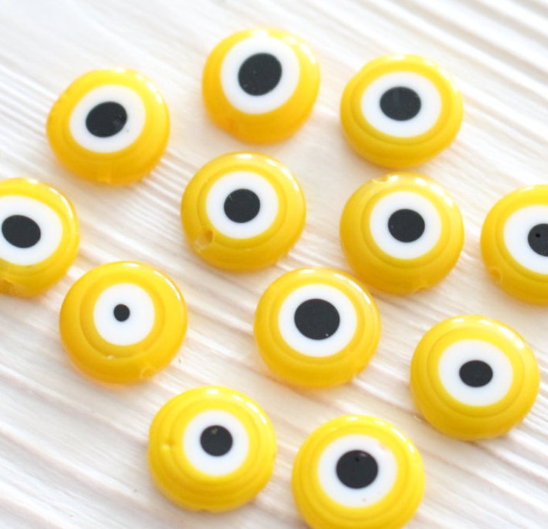 15, 30pc, 12mm yellow evil eye, round glass beads, lamp work, evil eye beads, DIY beads, flat glass beads, good luck beads, EE12 image 5