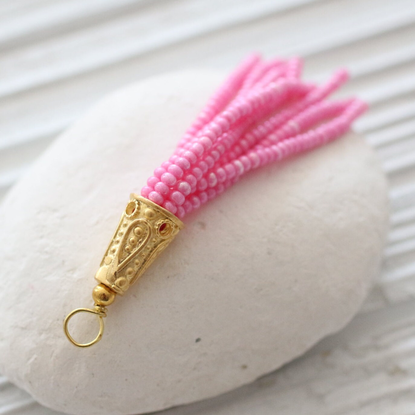 Pink beaded tassel, seed bead tassel, gold cap tassel, tassels for