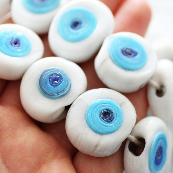 4pc white evil eye beads, flat glass beads, lamp work beads, ivory blue large evil eye, organic shaped evil eye glass bead, home decor, DIY