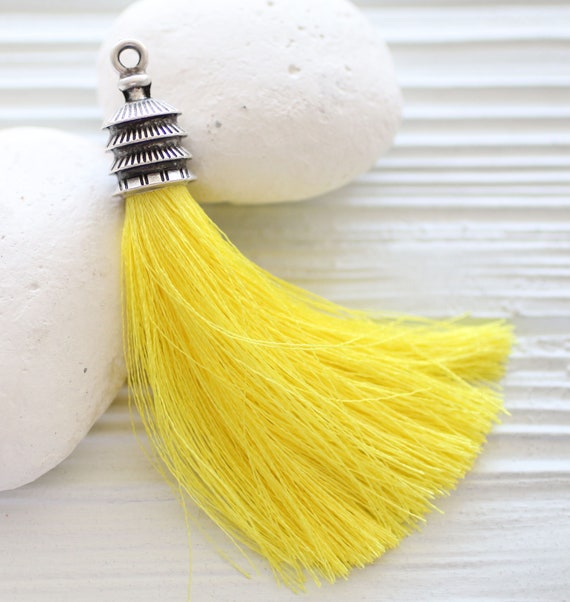 Bright yellow tassel, silver cap silk tassel, lemon yellow tassel,long silk tassel,tassel pendant,mala tassel,necklace tassel,pagoda cap,N41