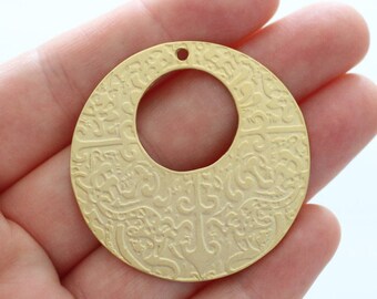 Round pendant gold, hammered pendant, medallion, matte gold, tribal pendant gold, large metal pendants, ring pendant, circle pendant