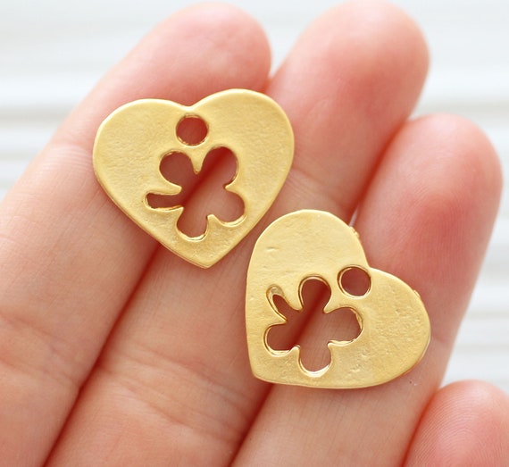 4pc heart charm with clover, necklace charms gold, large heart charms for bracelet, heart pendant, clover pendant, earrings charms
