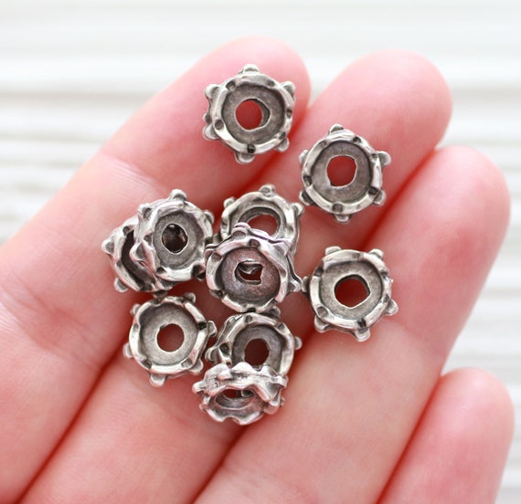 10pc rondelle beads silver, large round circle beads, rondelle spacers, slider beads, rustic beads, large hole beads, bead spacers silver