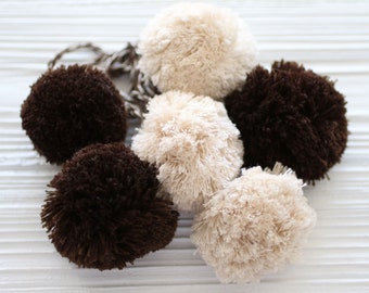 Brown beige pom pom purse charm, hanging decor, pom pom swag charm, pom pom curtain tie back, door knob decor, car charm, pom poms,bag charm