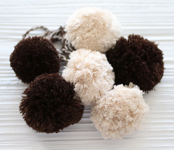 Brown beige pom pom purse charm, hanging decor, pom pom swag charm, pom pom curtain tie back, door knob decor, car charm, pom poms,bag charm