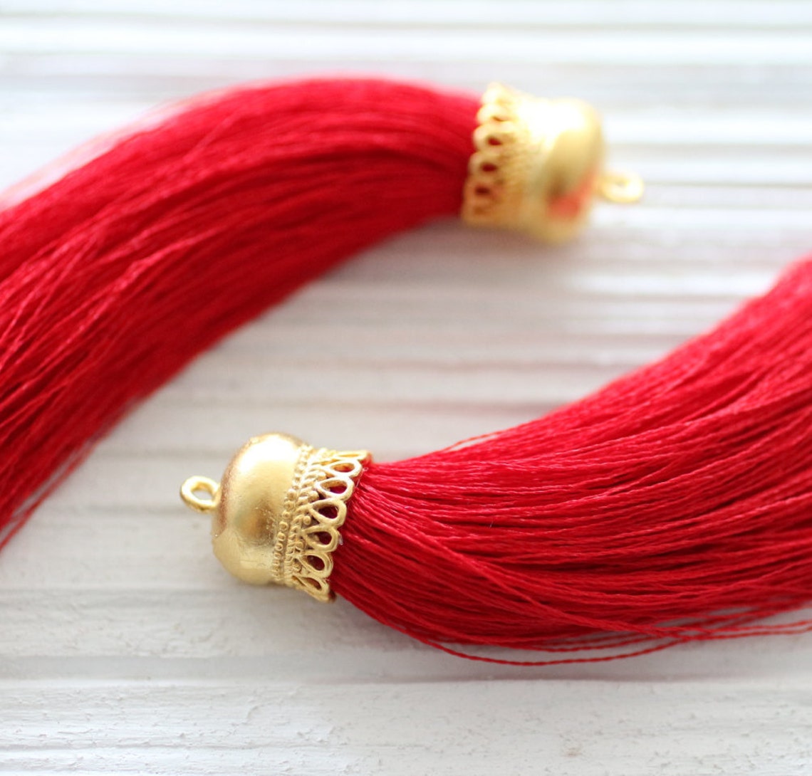 Red silk tassel with gold cap silk tassel pendant gold cap Etsy