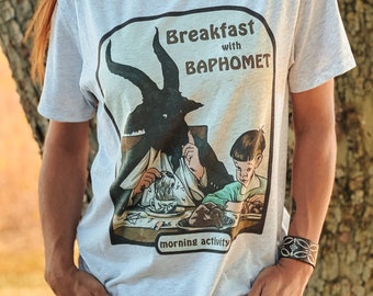 Breakfast with Baphomet Dark Humor Tee | Funny Occult Fall Shirt