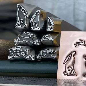 Hares Leaping and Gazing. Six Designs, Three Sizes. Engraved Metal Hand Stamp. image 2