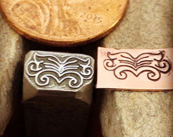 Flourish Rectangle. Moustachio. Engraved Metal Hand Stamp.