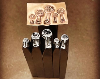 Red Cap Mushrooms. Fly Agaric. Cuties. Two Designs - Engraved Metal Hand Stamp.