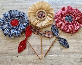 Patriotic Fabric Rag Flowers, Fabric Rag Flowers, Fabric Flowers, Poke Flowers, Fourth of July Rag Flowers, Flower Gifts, Patriotic Decor