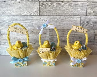 Easter Basket With Ceramic Chick, Miniature Easter Basket, Spring Basket, Spring Decor, Easter Decor, Tiered Tray Decor, Ceramic Chick