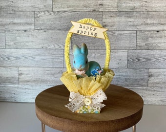 Handmade Easter Basket With Flocked Bunny, Miniature Easter Basket, Spring Decor, Easter Decor, Tiered Tray Decor, Flocked Bunny
