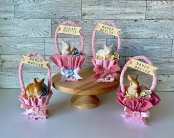 Easter Basket With Ceramic Bunny, Minature Easter Basket, Spring Basket, Spring Decor, Easter Decor, Tiered Tray Decor, Ceramic Bunny
