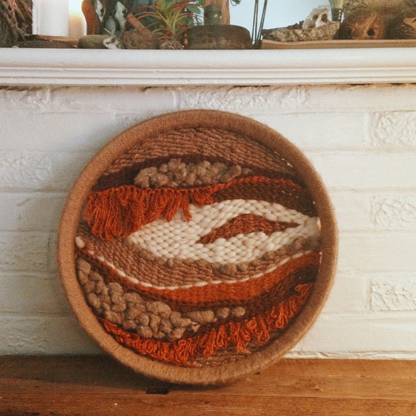 Saturn-Rückkehr-Vintage 70er gewebt Wand hängen / / Rundschreiben Wandbehang / / Erde getönten Alte Weberei