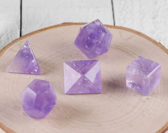 5 Piece Set AMETHYST CRYSTAL Platonic Solids - Sacred Geometry Amethyst Quartz, Chakra Crystal, Meditation Crystal, Healing Crystal E0748