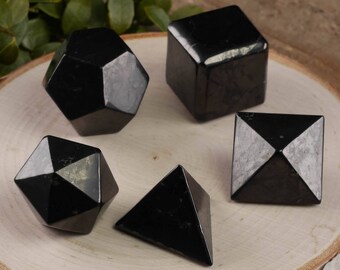 5 Piece Set SHUNGITE Platonic Solids - Sacred Geometry, Shungite Stone Carving, Grounding Stone, Root Chakra, Healing Stone E0307