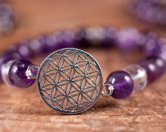 AMETHYST Crystal Bracelet - Flower of Life, Clear QUARTZ, Round Beads - Charm Bracelet, Beaded Bracelet, Handmade Jewelry, E1949