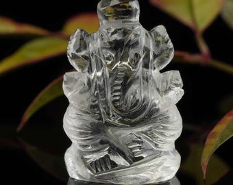 CLEAR QUARTZ Crystal Ganesha  :  Genuine Natural Carved Stone Seated Ganesh Statue, E0286